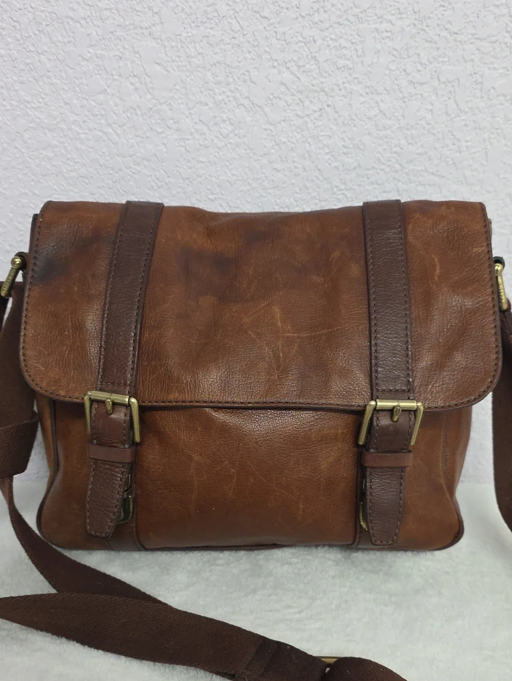 Fossil Brown Leather Messenger Crossbody Bag Distressed Vintage Style